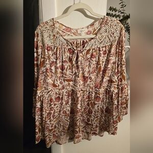 Style & Co. Cream Floral Crochet-Yoke Peasant Tunic